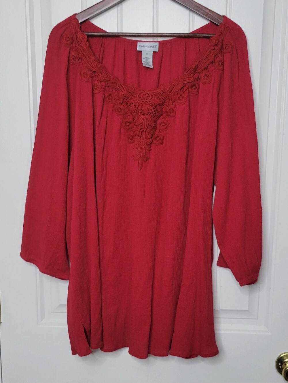 Catherines Coral-Red Crochet Yoke Peasant Tunic